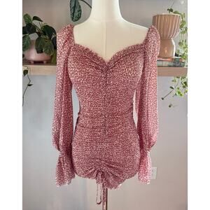 O. Vianca Red Floral Ruched Shirred Mini Dress Puff Long Sleeve  Small NEW